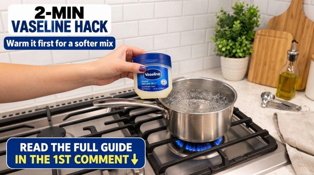 A hand holding a jar of Vaseline above a pot of boiling water on a gas stove illustrating a warming hack