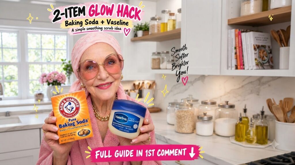 An older woman smiling warmly holding a box of Arm Hammer Baking Soda and a jar of Vaseline She is wearing a pink headwr