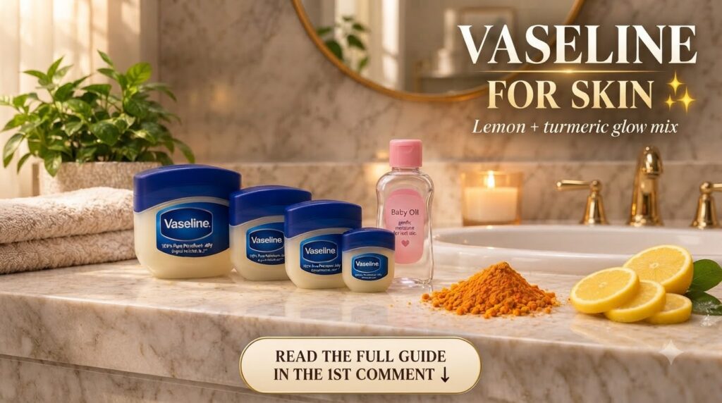 A DIY beauty mix featuring Vaseline turmeric powder and sliced lemons on an elegant marble bathroom counter with a golde