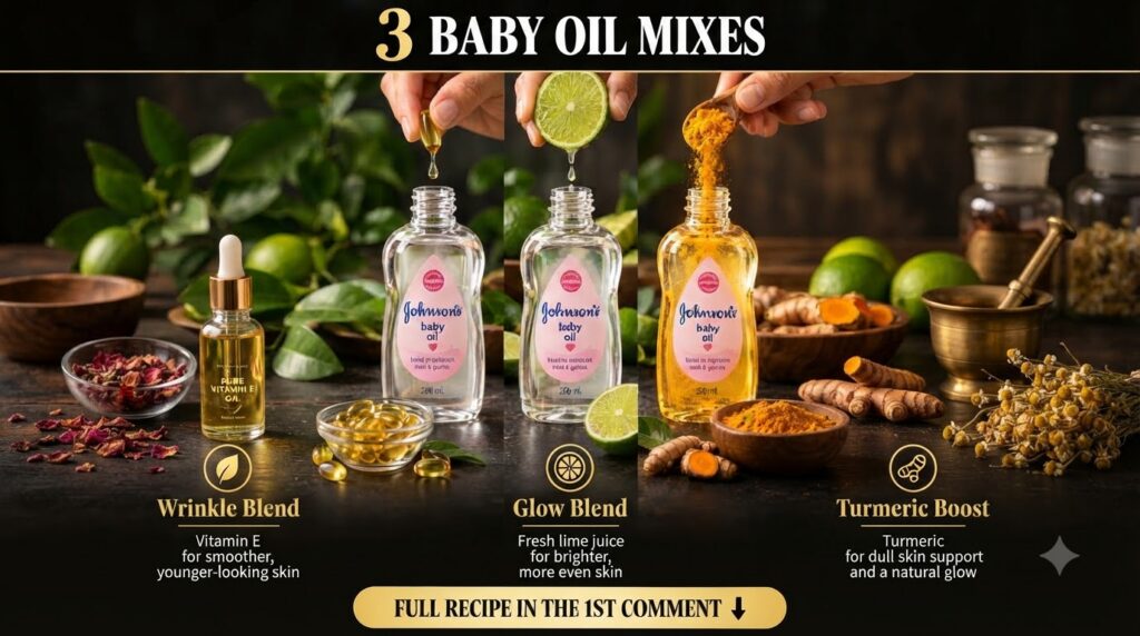A vertical triptych showing three homemade baby oil blends each featuring a Johnson s baby oil bottle as the base A hand