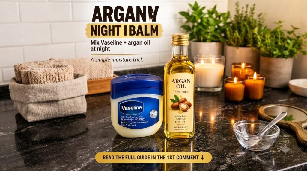 A tub of Vaseline Original Healing Jelly and a bottle of 100 Pure Argan Oil centrally placed on a dark reflective counte