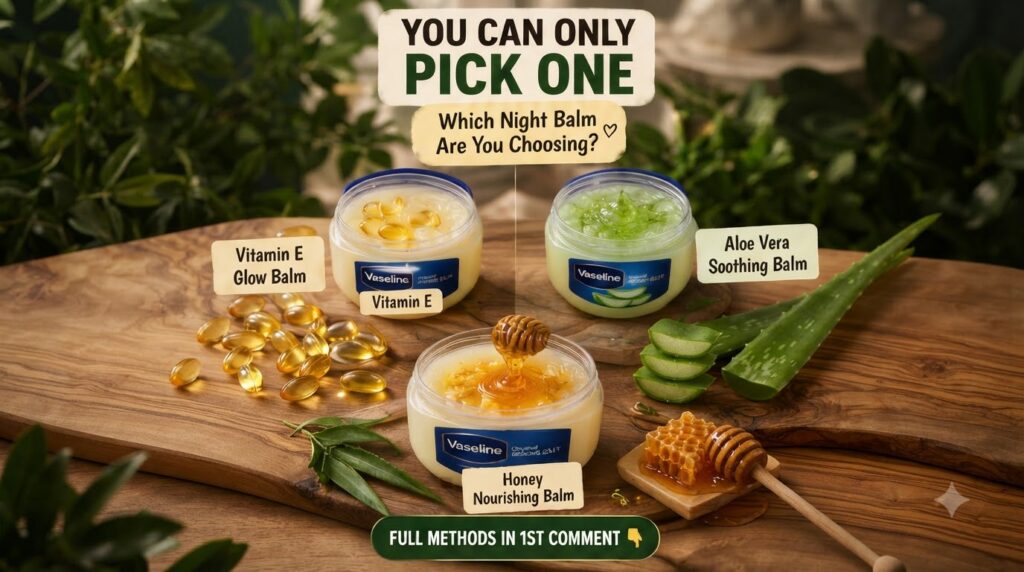 Three open jars of Vaseline customized balms Vitamin E Aloe Vera Honey arranged on a wooden surface with their respectiv