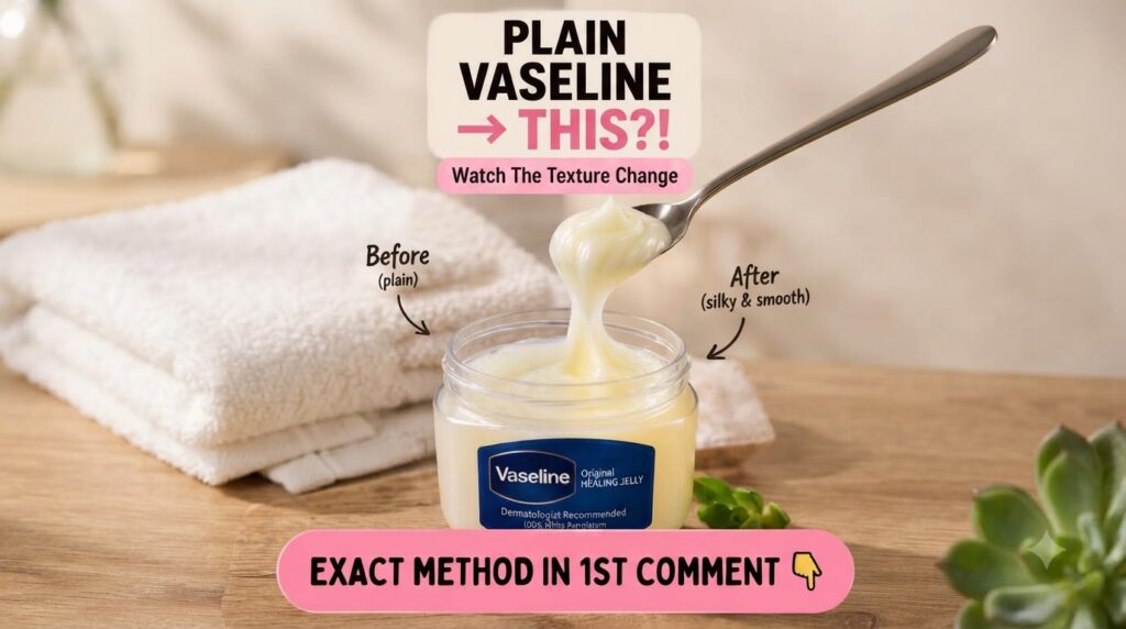 A split image showing a jar of plain Vaseline on one side and a spoon scooping out a transformed silky smooth creamy Vas