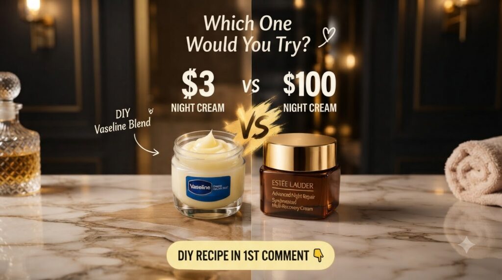 A vertical split-screen comparison showing a 3 DIY Vaseline blend in a jar on the left and a 100 luxury night cream Este