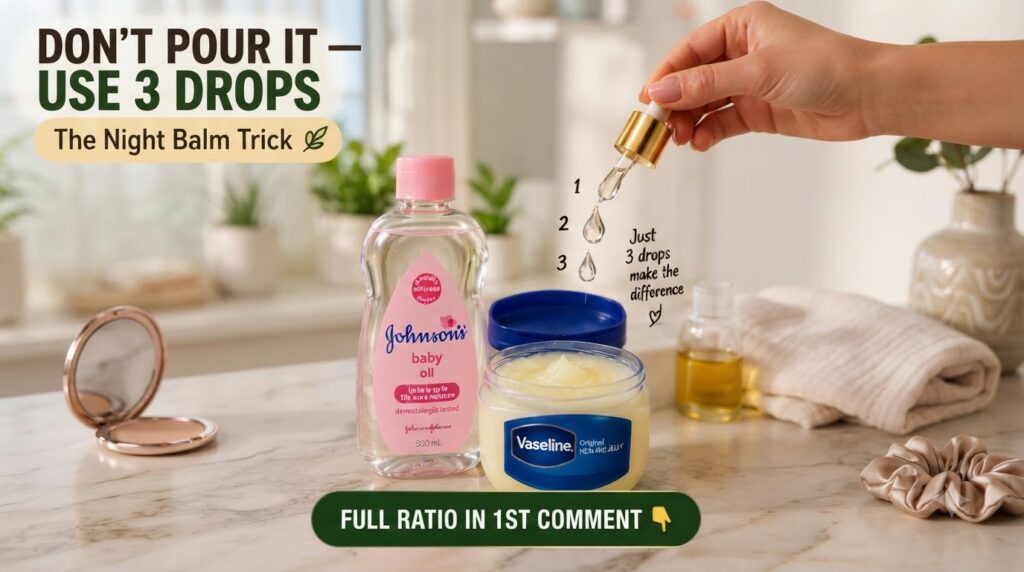 A hand holding a dropper of baby oil over a tub of Vaseline Original Healing Jelly with a bottle of Johnson s baby oil i