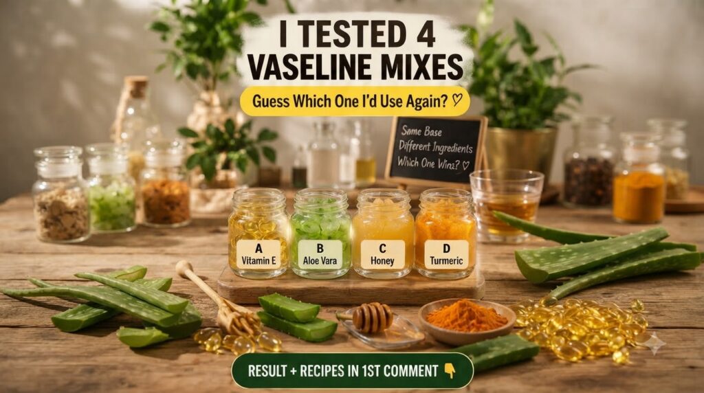 Four glass jars with Vitamin E capsules Aloe Vera gel Honey and Turmeric powder mixed with Vaseline on a wooden surface 