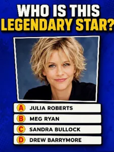 A headshot of American actress Meg Ryan smiling warmly looking directly at the viewer against a vibrant royal blue backg