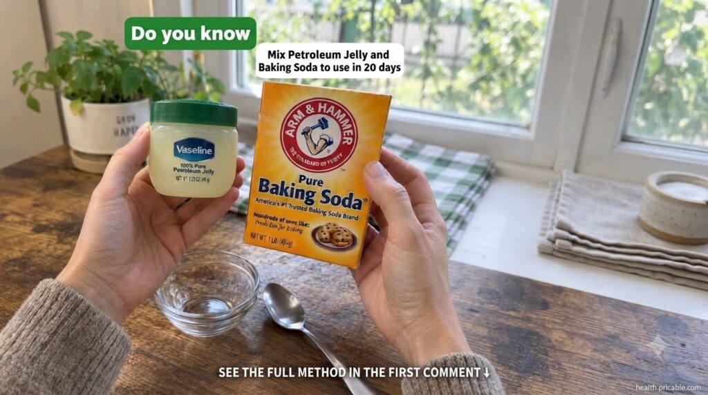 A person s hands mixing Vaseline and baking soda in a small glass bowl with a spoon on a wooden surface