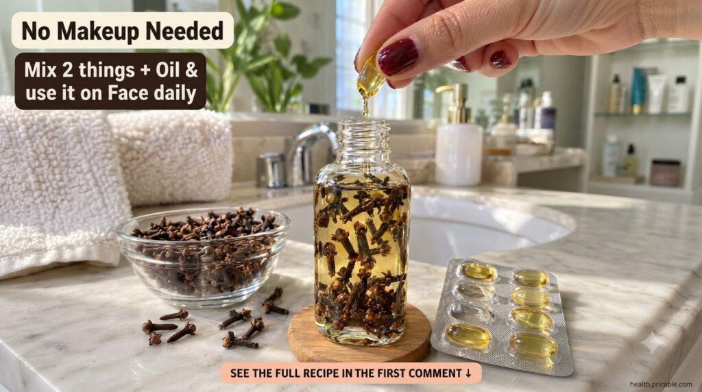 A hand gently squeezing a beauty oil capsule letting oil drip into a glass bottle filled with whole cloves on a clean we