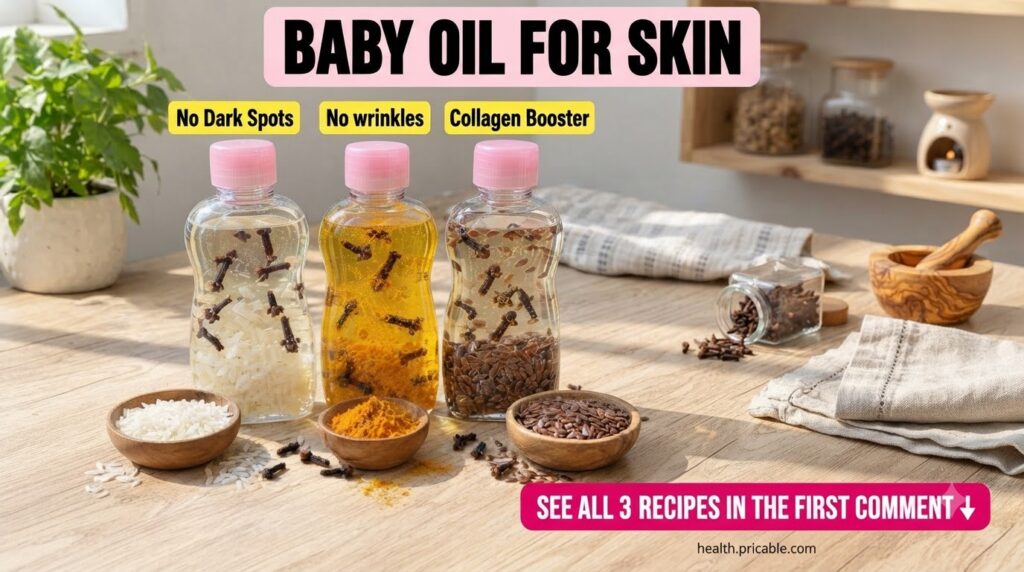 Three clear bottles of infused oils rice turmeric flaxseed and clove on a wooden surface with small bowls of the raw ing