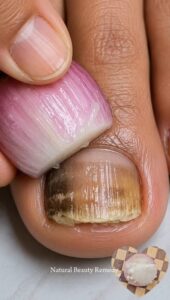 Before and after transformation of a nail showing an unhealthy nail on one side and a healthy clear nail on the other sy