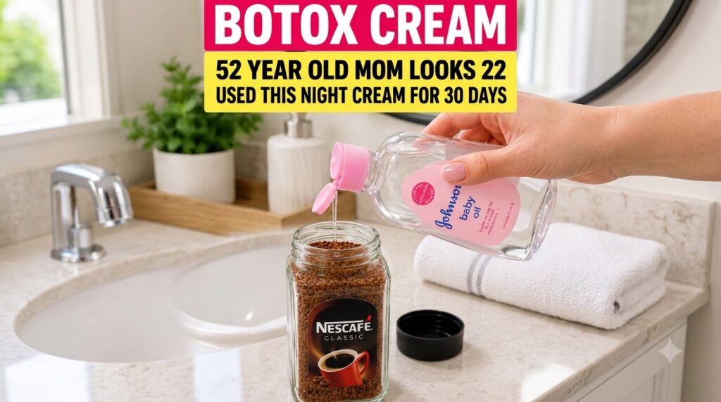 A hand pouring baby oil into a glass jar with coffee granules on a bathroom counter
