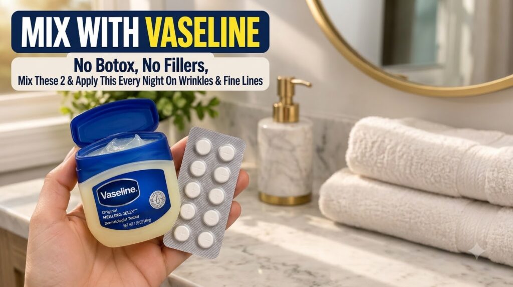 A hand holding an open jar of Vaseline Original Healing Jelly and a blister pack of white pills with a blurred bathroom