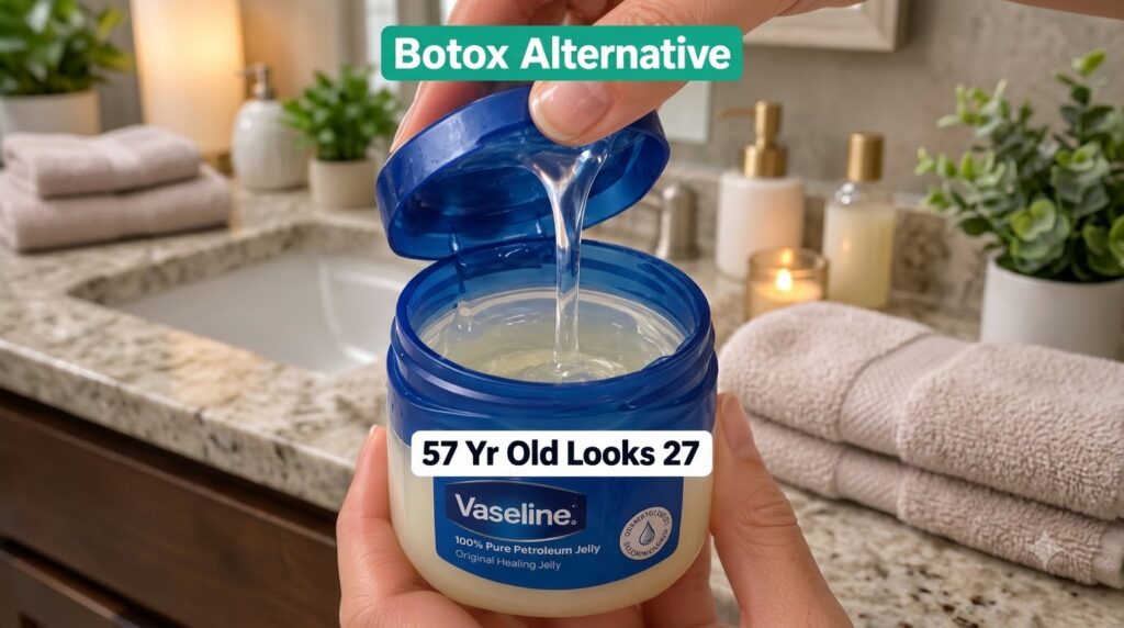 Hands scooping a translucent viscous strand of Vaseline petroleum jelly from a jar set against a blurred bathroom backgr