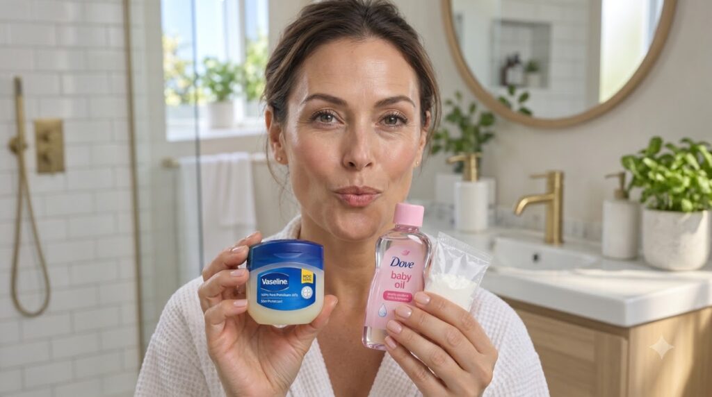 A smiling woman in a bathroom holding a jar of Vaseline a bottle of Dove baby oil and a packet of white powder looking f