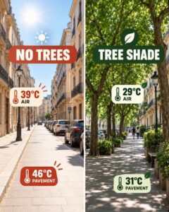 A vibrant urban street scene with a dense canopy of mature trees overhead providing significant shade and making the are