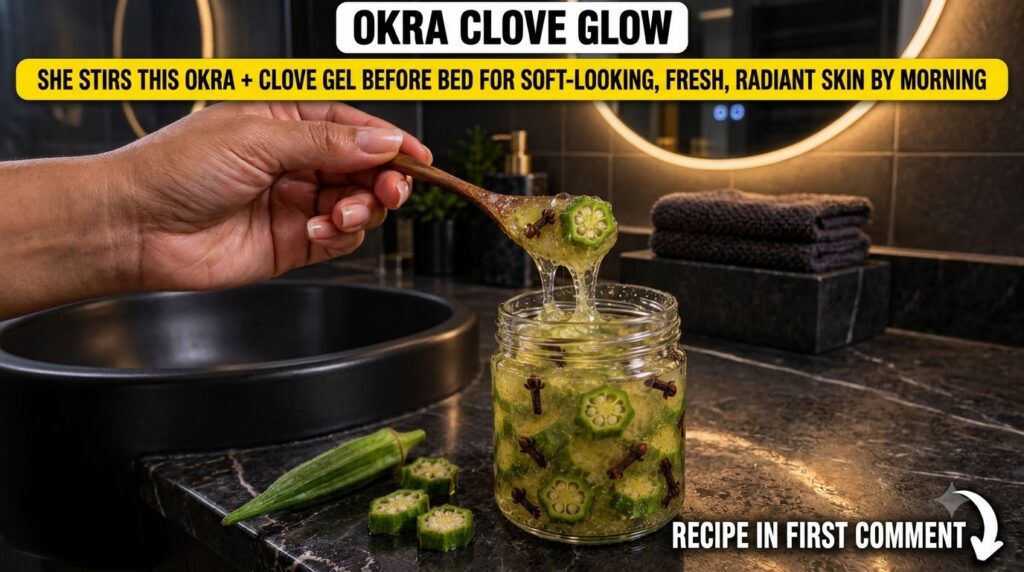 A hand holding a wooden spoon lifting translucent viscous okra and clove gel from a glass jar with okra slices and whole