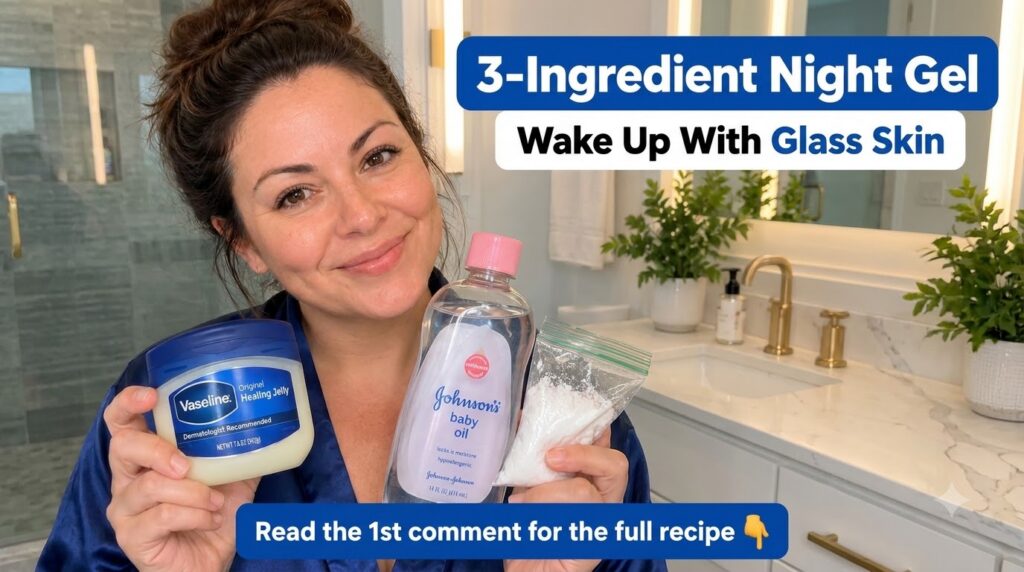 A smiling woman in a blue satin robe looking directly at the camera while holding a tub of Vaseline a bottle of Johnson 