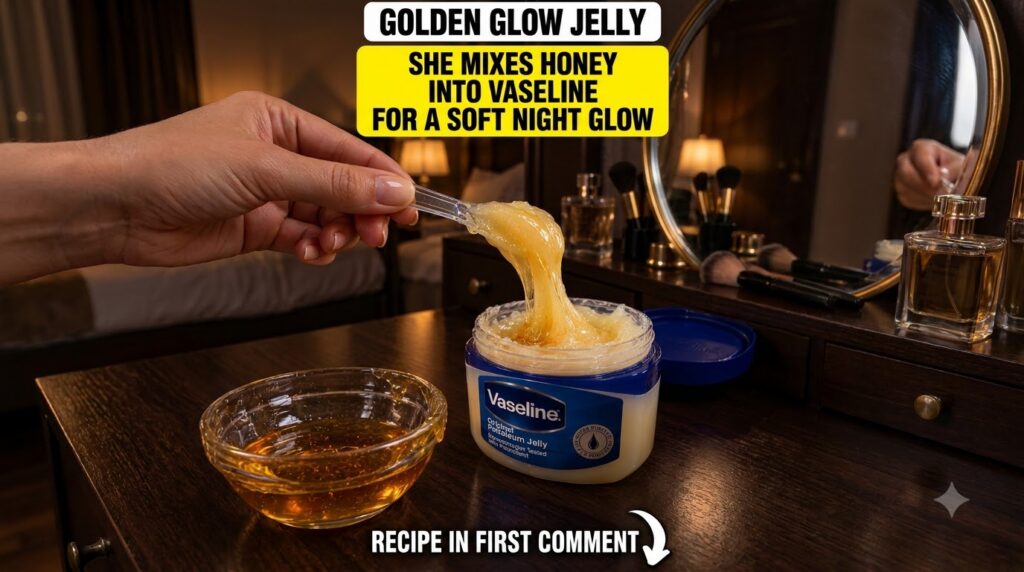 A hand using a clear spatula to lift a viscous golden mixture of honey and Vaseline from a large jar of Vaseline with a 