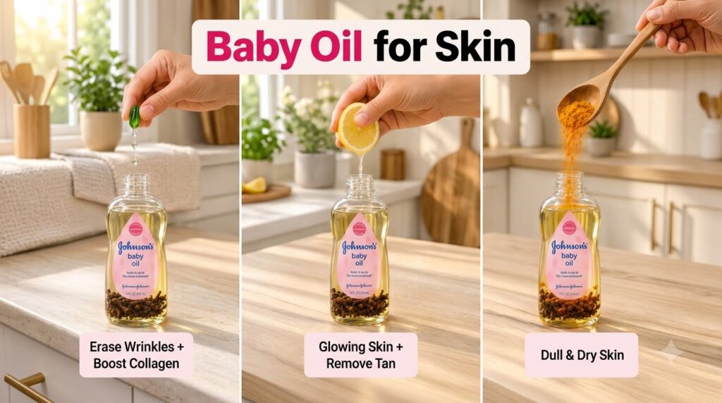 A triptych showing three glass bottles each containing baby oil and cloves In the left panel a hand is squeezing a vitam