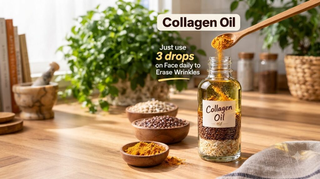 A beautiful glass bottle of golden Collagen Oil infused with flax seeds and turmeric powder surrounded by small wooden b