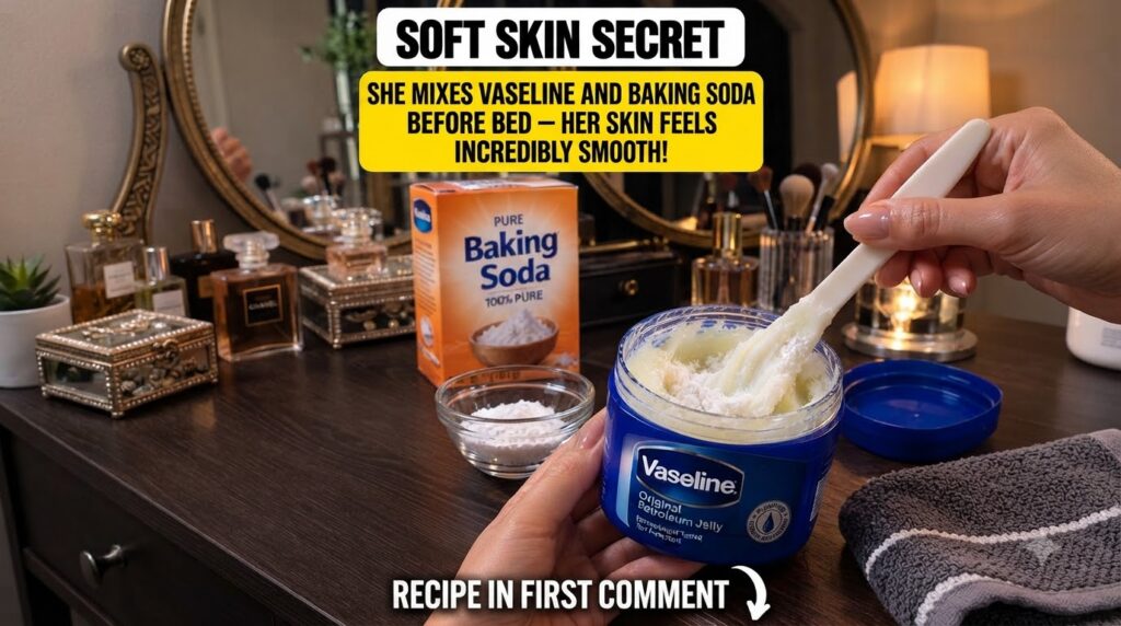 A close-up of a hand mixing Vaseline petroleum jelly with baking soda in a blue tub In the background a box of baking so