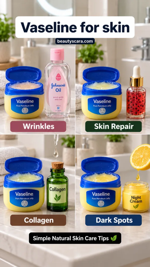 A 2x2 grid showing Vaseline combined with various natural ingredients like lemon for brightening a serum dropper for ant