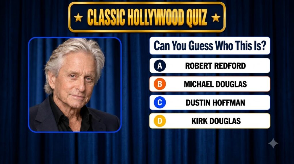 A quiz interface showing a portrait of Michael Douglas with a question and multiple-choice answers