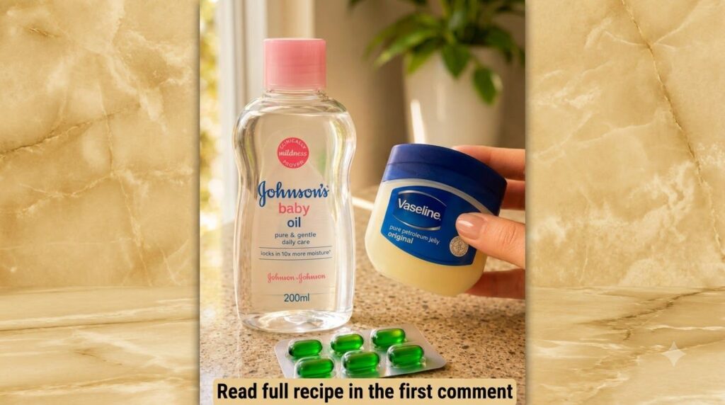 Still life of common skincare products a bottle of baby oil a blister pack of Vitamin E capsules and a jar of Vaseline p