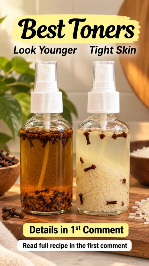 Two clear spray bottles on a wooden board The left bottle contains cloves in an amber liquid the right bottle holds rice