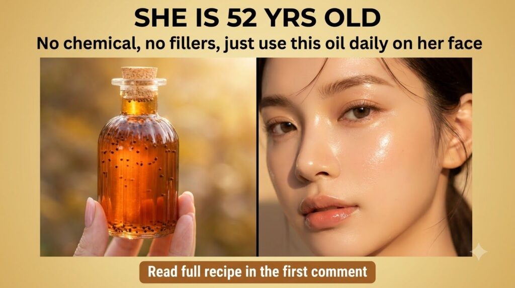 A hand holding a corked glass bottle of golden oil with suspended dark seeds beside a close-up of a woman s face with sm