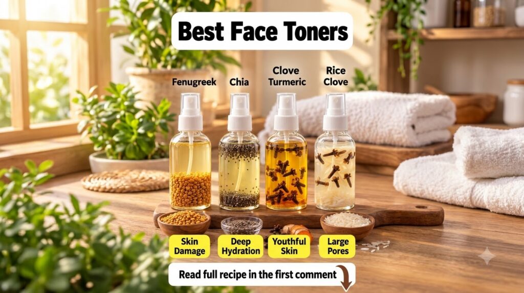 Four glass spray bottles of natural toners each with a bowl of corresponding raw ingredients below fenugreek chia seeds