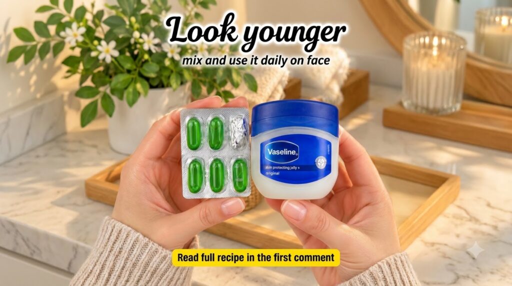 A pair of hands holding a blister pack of green capsules and a small jar of Vaseline against a soft-focus bathroom backg