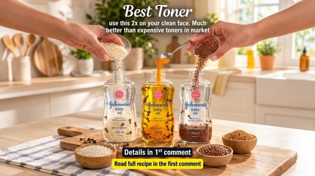 Three Johnson s Baby Oil bottles on a wooden surface being filled with rice turmeric powder and flaxseeds with cloves al