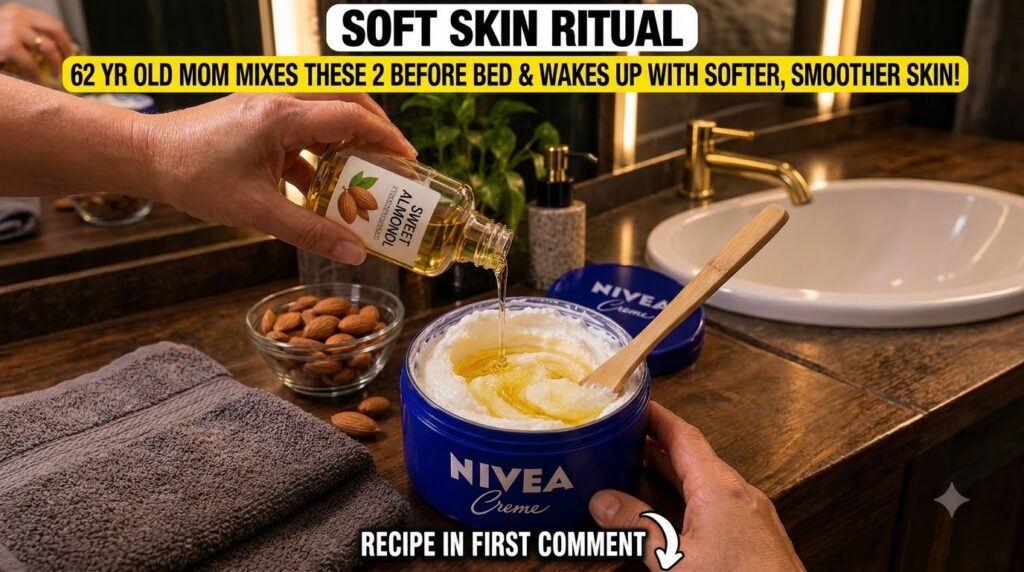 A hand pouring sweet almond oil from a small bottle into a large blue jar of Nivea Creme with a wooden mixing stick alre