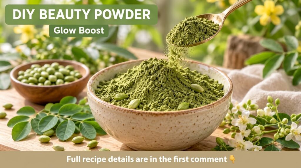 A rustic ceramic bowl overflowing with fine green powder with a wooden spoon delicately pouring more powder into it Seve
