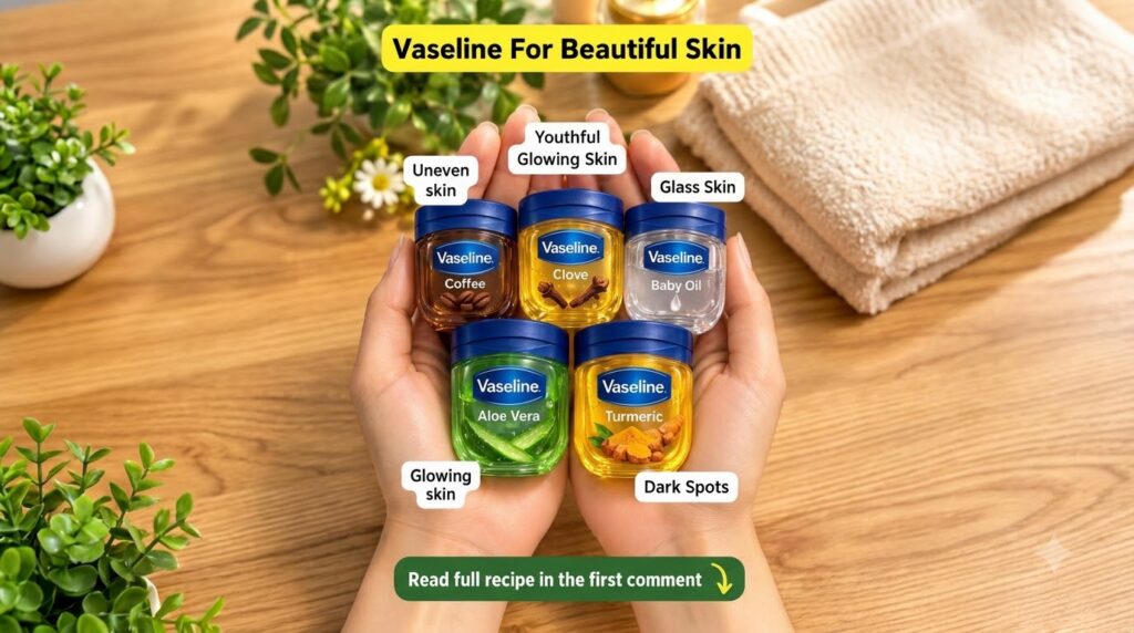 A pair of hands gently holding five small jars of Vaseline each infused with a natural ingredient coffee clove aloe vera