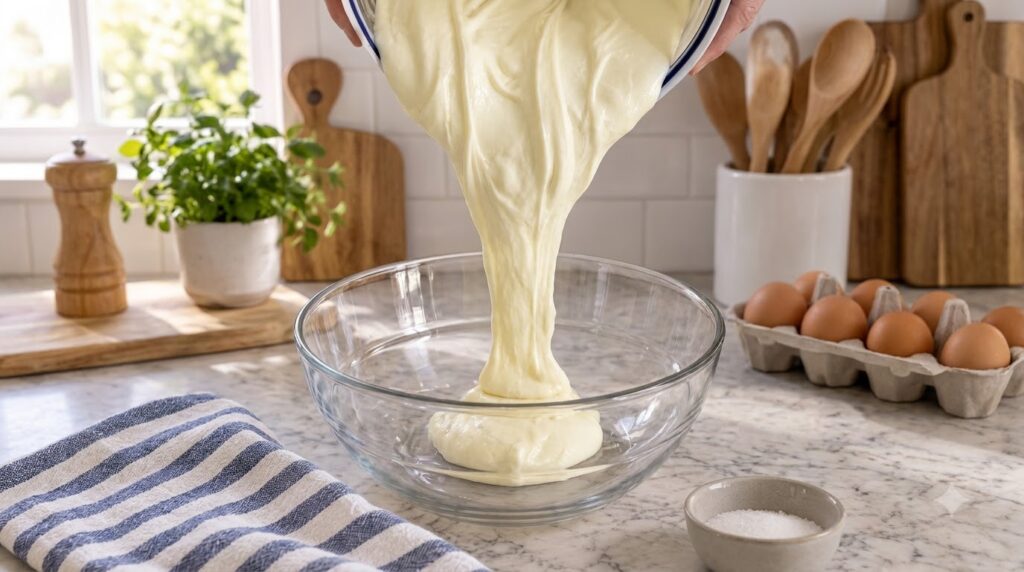 A thick pale yellow vegan batter being poured into a clear glass mixing bowl accumulating at the bottom Natural light fr