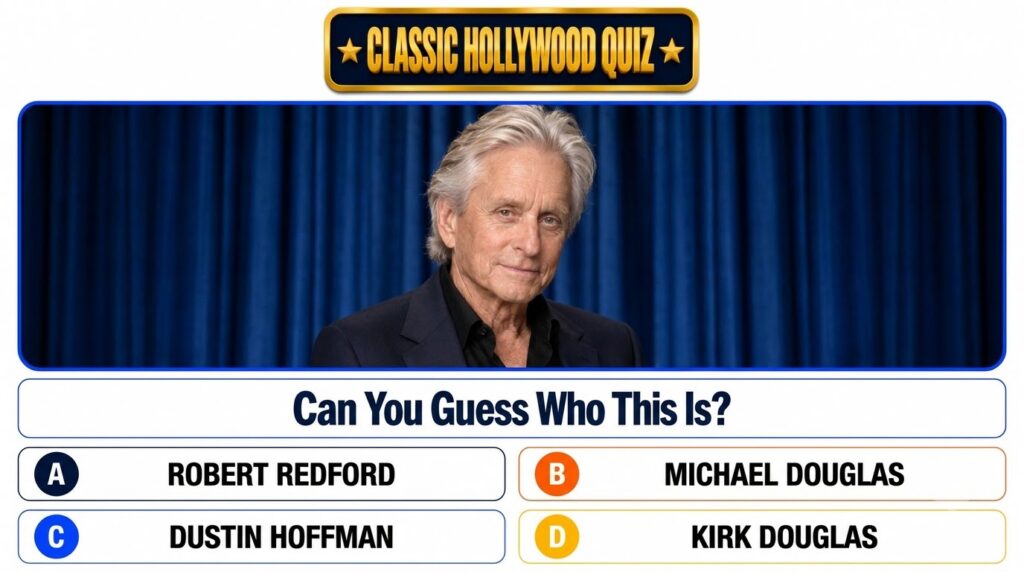 A Classic Hollywood Quiz interface showing a headshot of actor Michael Douglas against a blue curtain Four multiple-choi