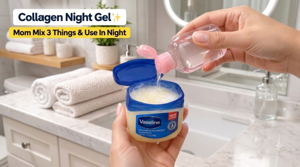 Hands pouring a clear liquid from a small pink-capped bottle into an open jar of Vaseline petroleum jelly with a blurred