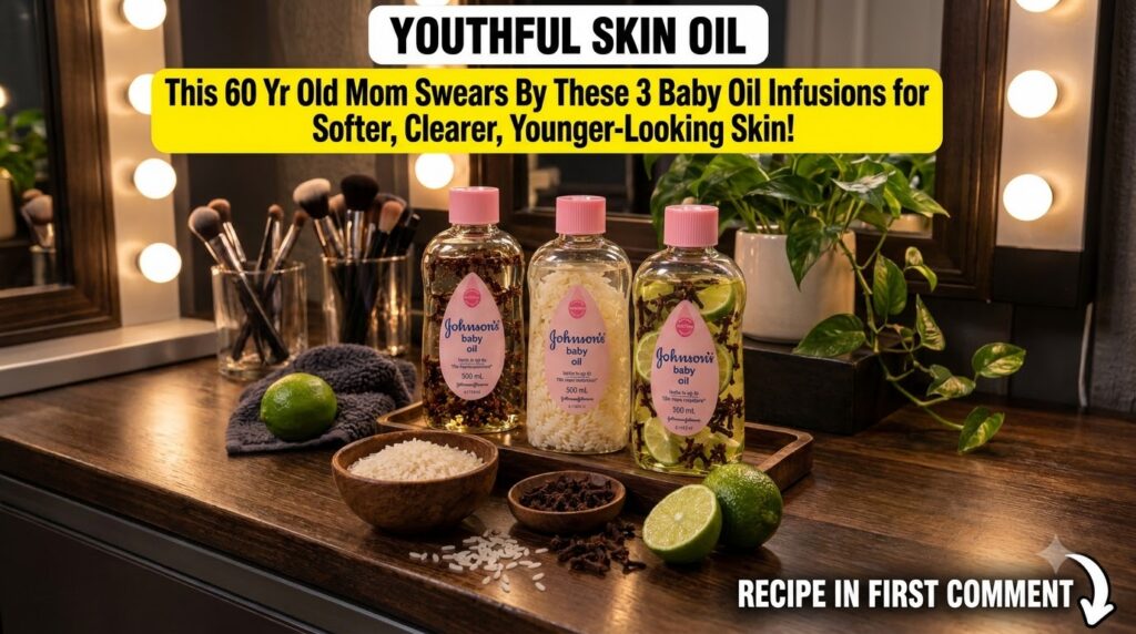 Three bottles of baby oil infused with natural ingredients like cloves rice and lime arranged on a dark wooden tray with