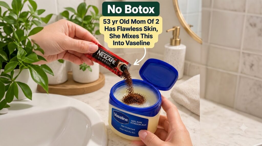 A person s hands in a clean bathroom pouring instant coffee granules from a sachet into a jar of Vaseline The background