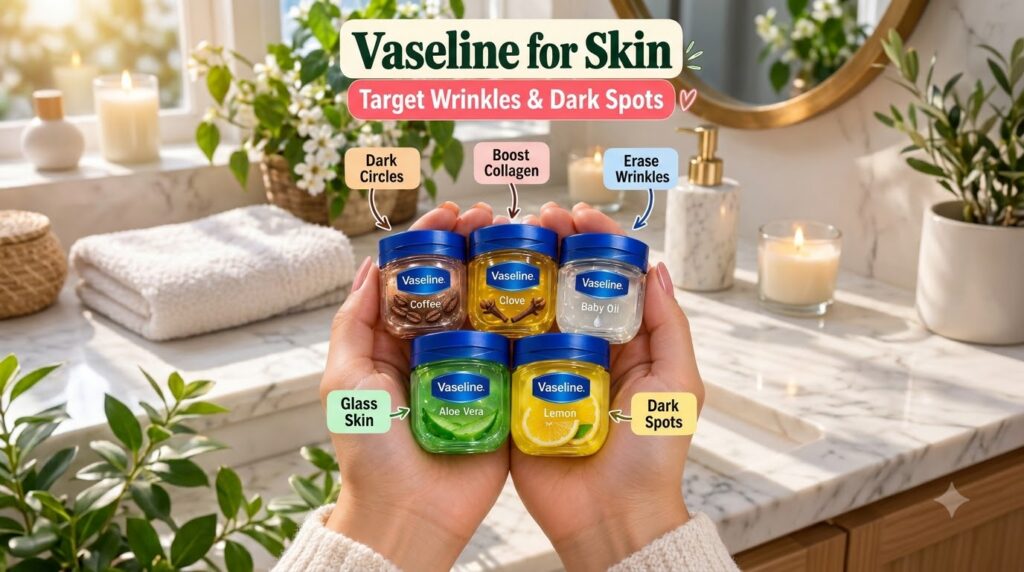 A pair of hands gently holding five small jars of Vaseline each labeled with a different natural ingredient like Coffee 