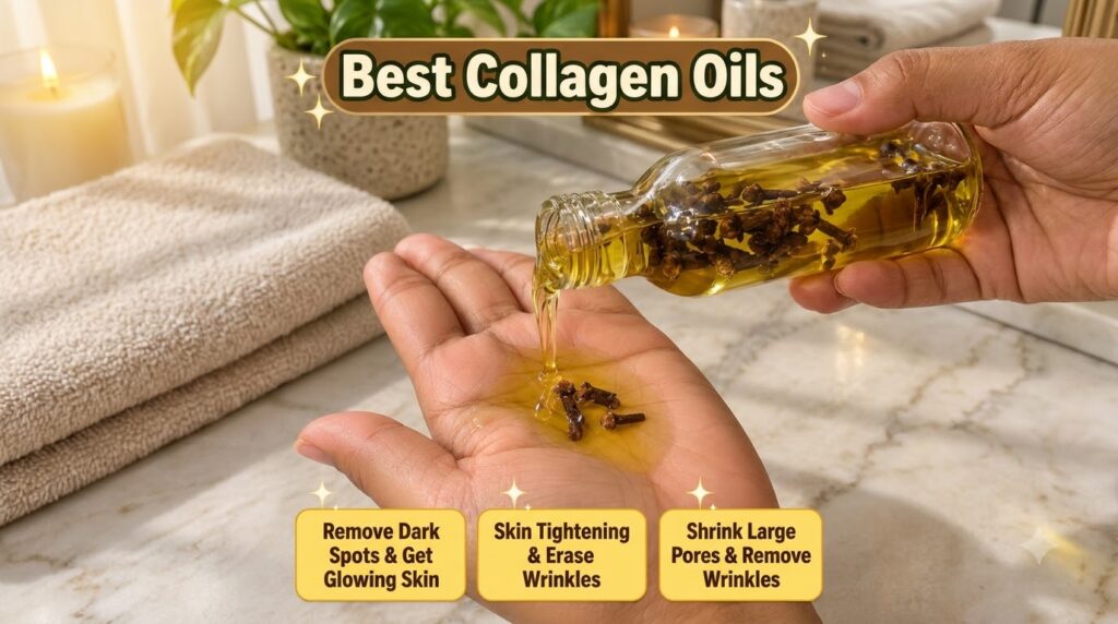A close-up of a hand gently cupping a small pool of natural golden face oil with a clear glass bottle pouring more oil i