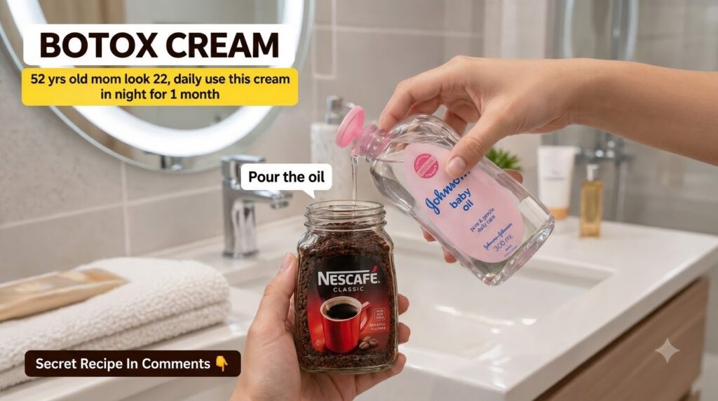 Close-up of hands pouring baby oil into a jar of instant coffee granules in a bathroom setting