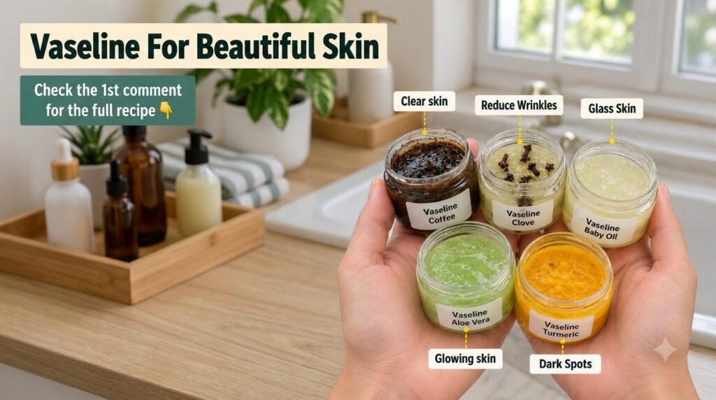 Two hands gently holding five small glass jars filled with colorful Vaseline-based skincare mixtures coffee clove baby o