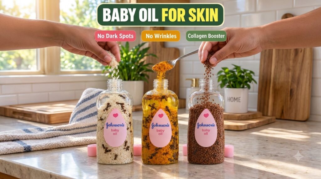 Three Johnson s baby oil bottles each infused with natural ingredients like rice and cloves turmeric and cloves and flax