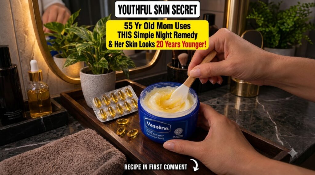 A hand mixing golden vitamin E oil into Vaseline in a blue jar with a spatula on a wooden tray surrounded by vitamin E c