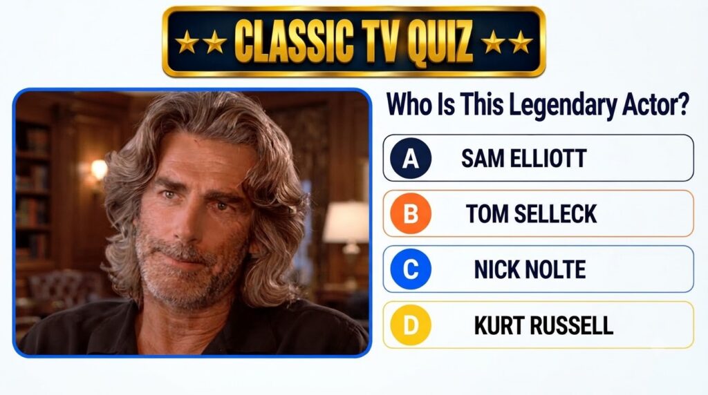 A quiz graphic featuring a headshot of a young Sam Elliott from his early career without his signature mustache The grap