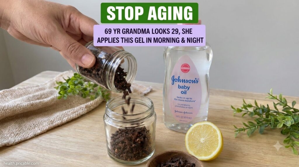 A hand pouring dried cloves from a small glass jar into another with a bottle of baby oil and sliced lemon on a wooden t